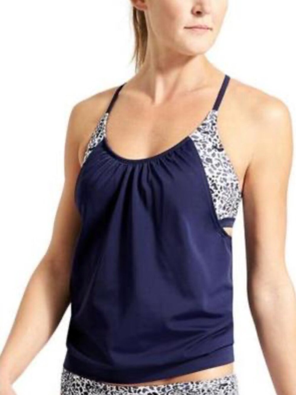 Athleta 34 d/dd Tankini Top Zimbabwe Blousy Swimsuit Navy Blue Beach Sport